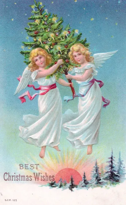 Framed Print : Angels with tree on a Christmas postcard Framed Print : Angels with tree on a Christmas postcard