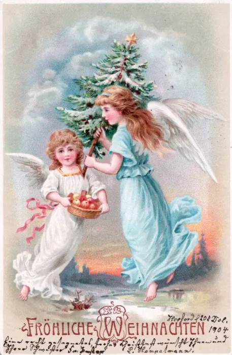 Framed Print : Angels with tree and fruit on a German Christmas postcard Framed Print : Angels with tree and fruit on a German Christmas postcard