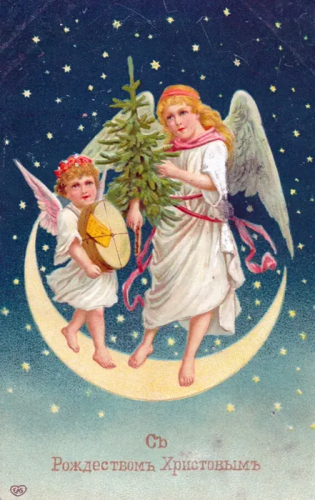 Framed Print : Angels with tree on a Russian Christmas postcard Framed Print : Angels with tree on a Russian Christmas postcard