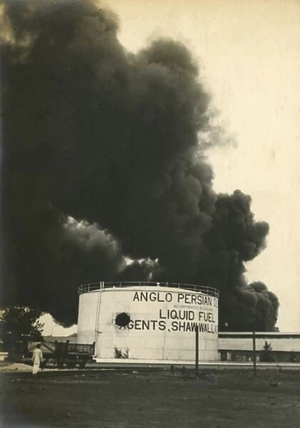 Anglo-Persian Oil fuel tanks burning in Madras
