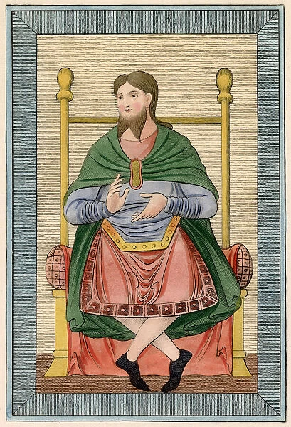 Anglo-Saxon with a forked beard wears a green mantle fastened with a long brooch