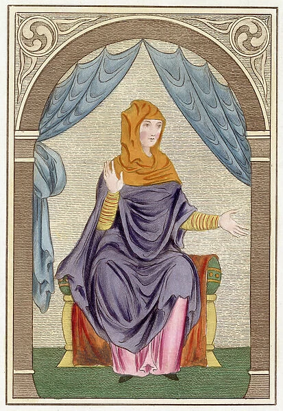 Anglo-Saxon lady in a pink tunic or kirtle underneath a purple draped mantle