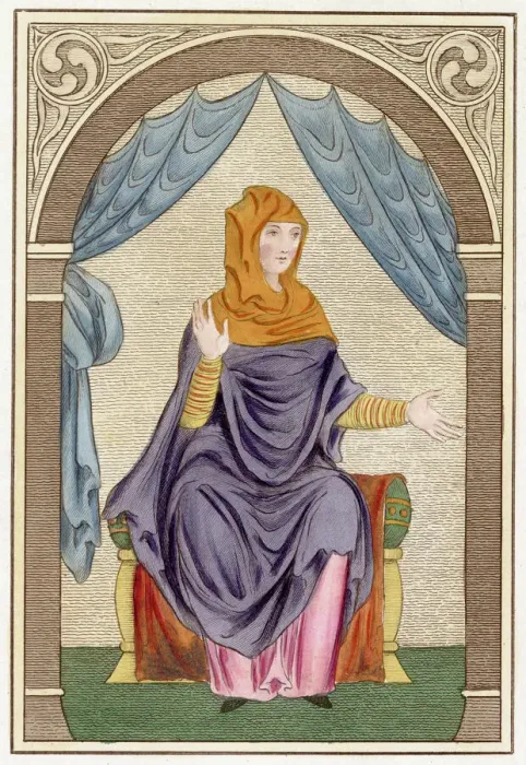 Framed Print : Anglo-Saxon lady in a pink tunic or kirtle underneath a purple draped mantle Framed Print : Anglo-Saxon lady in a pink tunic or kirtle underneath a purple draped mantle