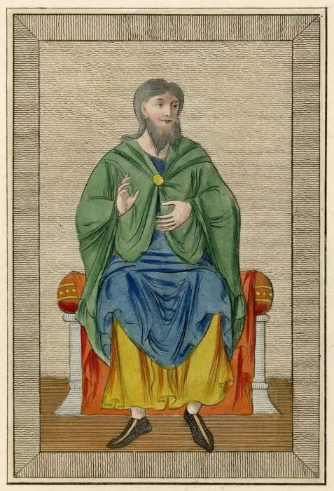 Framed Print : Anglo-Saxon nobleman with a forked beard wears a green mantle fastened with a brooch Framed Print : Anglo-Saxon nobleman with a forked beard wears a green mantle fastened with a brooch