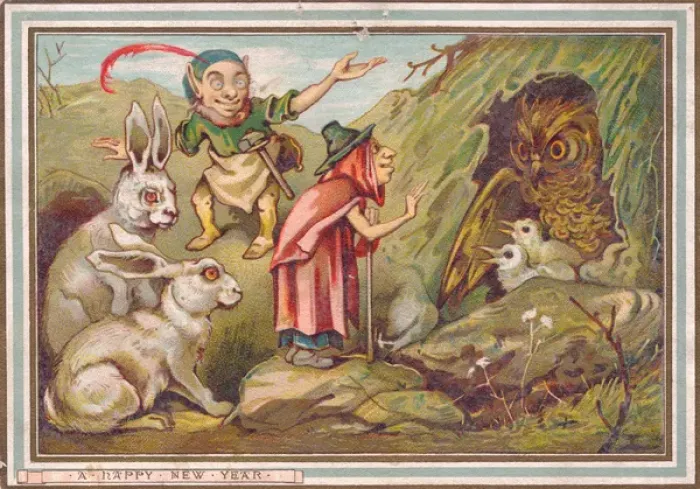 Framed Print : Animals, birds and fairy folk on a New Year card Framed Print : Animals, birds and fairy folk on a New Year card