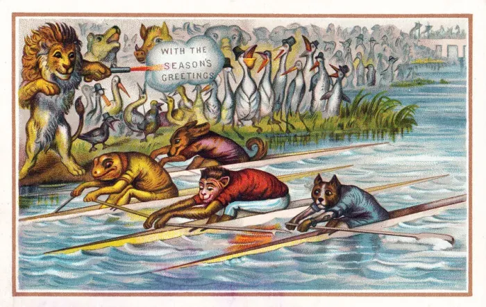 Framed Print : Animals in boat race on a Christmas card Framed Print : Animals in boat race on a Christmas card