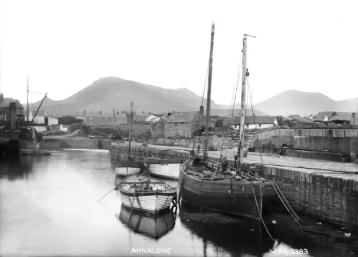 Framed Print : Annalong - a view looking up to the Mournes, with boats in the foreground at the pier Framed Print : Annalong - a view looking up to the Mournes, with boats in the foreground at the pier