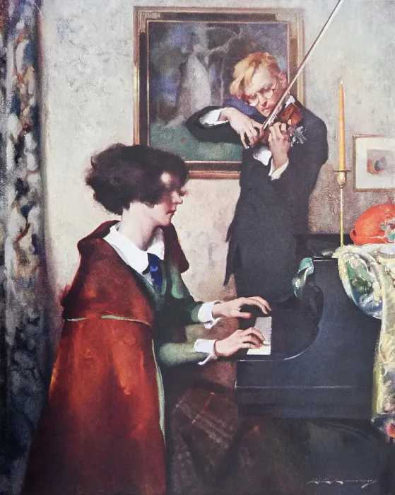 Framed Print : Duet. Illustration of a pianist and violinist playing a duet. Artist: Anon. Date: 1926 Framed Print : Duet. Illustration of a pianist and violinist playing a duet. Artist: Anon. Date: 1926