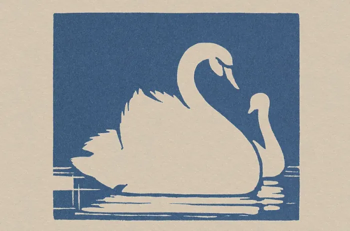 Framed Print : Swans. Lino cut of swans printed blue. Artist: Anon. Date: 1930s Framed Print : Swans. Lino cut of swans printed blue. Artist: Anon. Date: 1930s