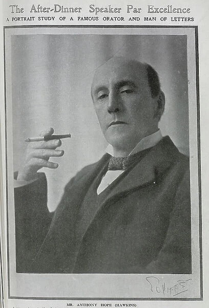 Anthony Hope Hawkins (1863-1933), novelist and playwright, formal studio portrait smoking cigarette. Captioned, The After-Dinner Speaker Par Excellence: a portrait study of a famous orator and man of letters
