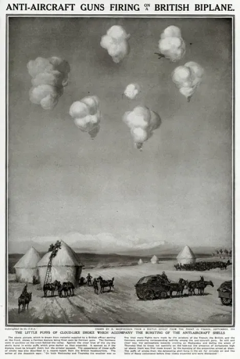 Framed Print : Anti-aircraft guns firing on British biplane, 1914 Framed Print : Anti-aircraft guns firing on British biplane, 1914