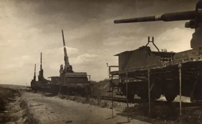 Framed Print : Anti-aircraft train on a track in postwar Germany Framed Print : Anti-aircraft train on a track in postwar Germany