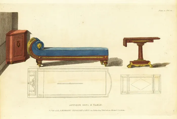 Framed Print : Antique sofa and table, 1813 Framed Print : Antique sofa and table, 1813