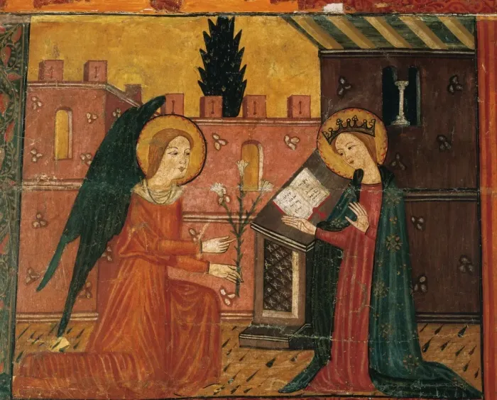 Framed Print : Anunciation. Altarpiece of Bellver de Cerdanya. Painted wood Framed Print : Anunciation. Altarpiece of Bellver de Cerdanya. Painted wood