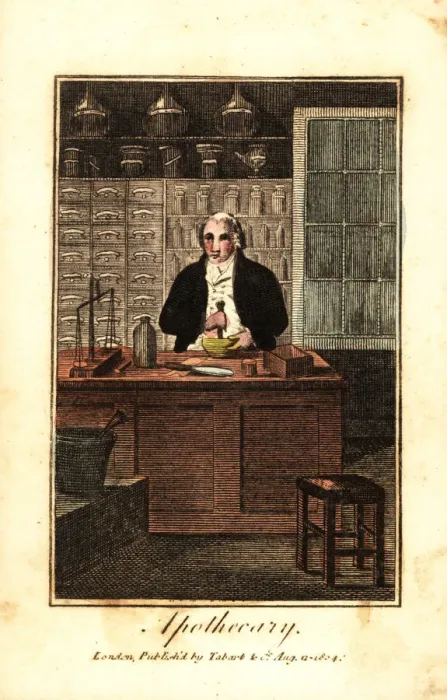 Framed Print : Apothecary in his shop using a mortar Framed Print : Apothecary in his shop using a mortar