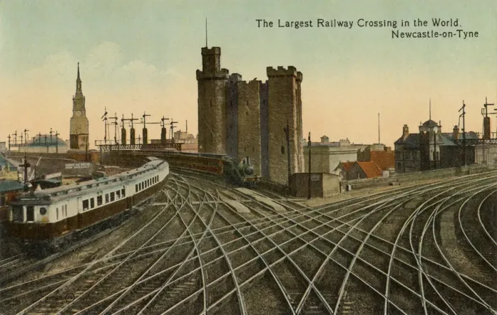 Framed Print : The approach to Newcastle station, claiming to be the Largest Railway Crossing in Framed Print : The approach to Newcastle station, claiming to be the Largest Railway Crossing in