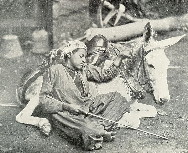 Arab boy resting with his donkey