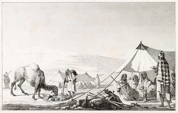An Arab camp - a camel is given water whilst men rest in tents, smoking and drinking