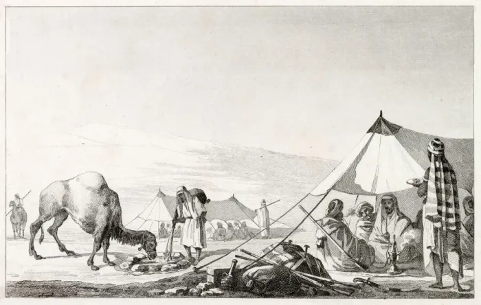 Framed Print : An Arab camp - a camel is given water whilst men rest in tents, smoking and drinking Framed Print : An Arab camp - a camel is given water whilst men rest in tents, smoking and drinking
