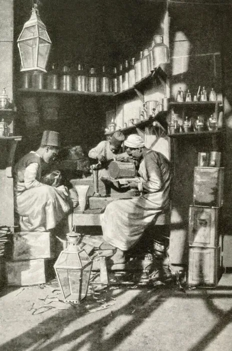 Framed Print : Arab tinsmiths at work in a shop, Cairo, Egypt Framed Print : Arab tinsmiths at work in a shop, Cairo, Egypt