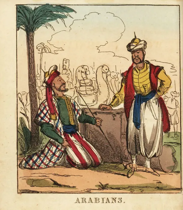 Framed Print : Arabian men in front of a caravan Framed Print : Arabian men in front of a caravan