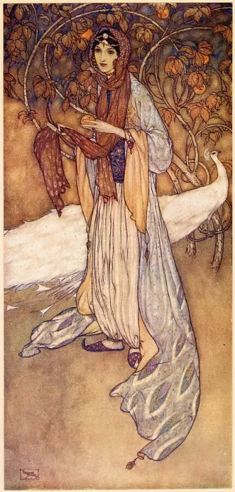 Framed Print : The Arabian Nights. Illustration by Edmund Dulac.Scheherazade, the heroine of the Thousand and One Nights. Date: 1907 Framed Print : The Arabian Nights. Illustration by Edmund Dulac.Scheherazade, the heroine of the Thousand and One Nights. Date: 1907