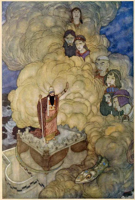Framed Print : The Arabian Nights, illustration by Edmund Dulac. The Fisherman and the Genie. When having brought into submission all the rest of my race. Date: 1907 Framed Print : The Arabian Nights, illustration by Edmund Dulac. The Fisherman and the Genie. When having brought into submission all the rest of my race. Date: 1907