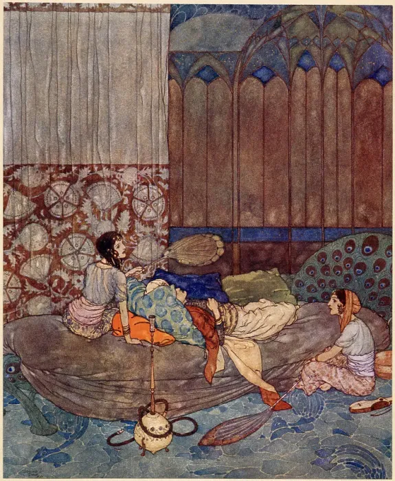 Framed Print : The Arabian Nights, illustration by Edmund Dulac. The Story of the King of the Ebony Isles. Supposing me asleep, they began to talk Date: 1907 Framed Print : The Arabian Nights, illustration by Edmund Dulac. The Story of the King of the Ebony Isles. Supposing me asleep, they began to talk Date: 1907