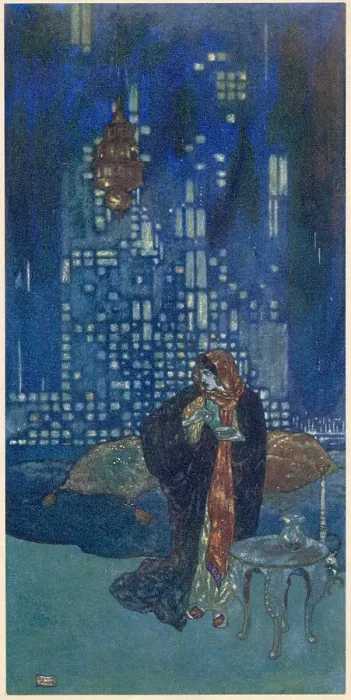 Framed Print : The Arabian Nights, illustration by Edmund Dulac.The Story of the King of the Ebony Isles. The cup of wine which she gives him each night contains a sleeping draught Framed Print : The Arabian Nights, illustration by Edmund Dulac.The Story of the King of the Ebony Isles. The cup of wine which she gives him each night contains a sleeping draught