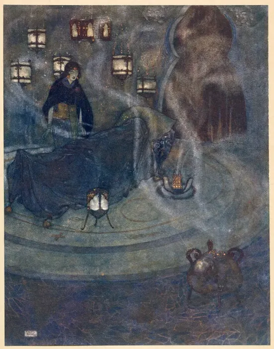 Framed Print : The Arabian Nights, illustration by Edmund Dulac. The Story of the King of the Ebony Isles. Began to heap upon me terms of the most violent and shameful abuse Date: 1907 Framed Print : The Arabian Nights, illustration by Edmund Dulac. The Story of the King of the Ebony Isles. Began to heap upon me terms of the most violent and shameful abuse Date: 1907