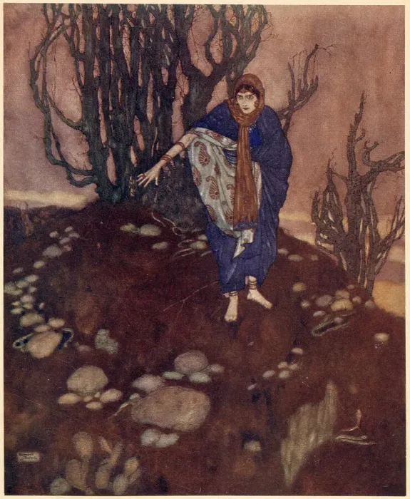 Framed Print : The Arabian Nights, illustration by Edmund Dulac. The Story of the King of the Ebony Isles. She went on to vent her malice upon the city and islands. Date: 1907 Framed Print : The Arabian Nights, illustration by Edmund Dulac. The Story of the King of the Ebony Isles. She went on to vent her malice upon the city and islands. Date: 1907