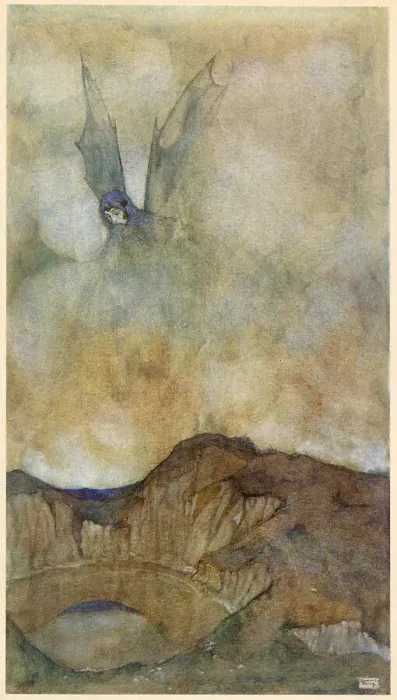 Framed Print : The Arabian Nights, illustration by Edmund Dulac. The Story of the King of the Ebony Isles. Thus by her wicked machinations the city became a lake. Date: 1907 Framed Print : The Arabian Nights, illustration by Edmund Dulac. The Story of the King of the Ebony Isles. Thus by her wicked machinations the city became a lake. Date: 1907