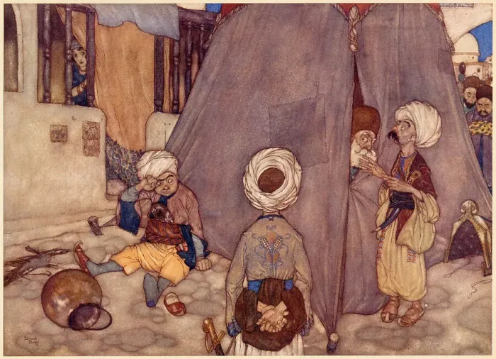 Framed Print : The Arabian Nights, illustration by Edmund Dulac. The Story of the King of the Ebony Isles. Great was the astonishment of the Vizier and the Sultan's escort. Date: 1907 Framed Print : The Arabian Nights, illustration by Edmund Dulac. The Story of the King of the Ebony Isles. Great was the astonishment of the Vizier and the Sultan's escort. Date: 1907