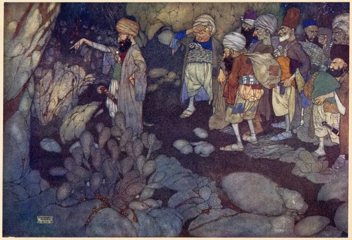 Framed Print : The Arabian Nights, illustration by Edmund Dulac. Ali Baba and the Forty Thieves. Their chief in a low but distinct voice uttered the two words Open Sesame! Date: 1907 Framed Print : The Arabian Nights, illustration by Edmund Dulac. Ali Baba and the Forty Thieves. Their chief in a low but distinct voice uttered the two words Open Sesame! Date: 1907