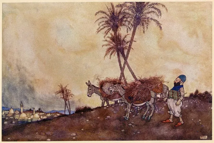 Framed Print : The Arabian Nights, illustration by Edmund Dulac. Ali Baba and the Forty Thieves. Ali Baba departed for the town a well satisfied man. Date: 1907 Framed Print : The Arabian Nights, illustration by Edmund Dulac. Ali Baba and the Forty Thieves. Ali Baba departed for the town a well satisfied man. Date: 1907