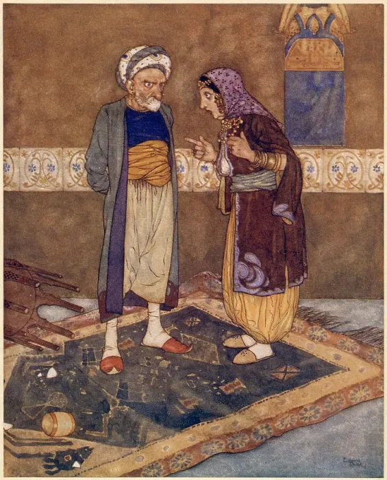 Framed Print : The Arabian Nights, illustration by Edmund Dulac. Ali Baba and the Forty Thieves. As soon as he came in she began to jeer at him. Date: 1907 Framed Print : The Arabian Nights, illustration by Edmund Dulac. Ali Baba and the Forty Thieves. As soon as he came in she began to jeer at him. Date: 1907