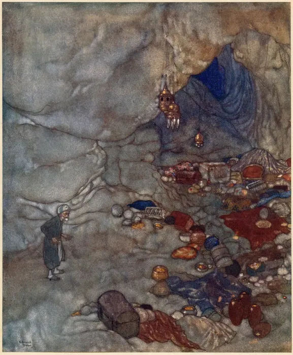 Framed Print : The Arabian Nights, illustration by Edmund Dulac. Ali Baba and the Forty Thieves. Greater still was the exultation of a greedy nature like that of Cassim's. Date: 1907 Framed Print : The Arabian Nights, illustration by Edmund Dulac. Ali Baba and the Forty Thieves. Greater still was the exultation of a greedy nature like that of Cassim's. Date: 1907