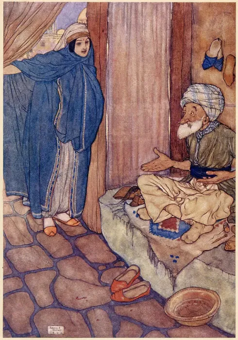 Framed Print : The Arabian Nights, illustration by Edmund Dulac. Ali Baba and the Forty Thieves. Mustapha doubted much of his ability to refrain from question. Date: 1907 Framed Print : The Arabian Nights, illustration by Edmund Dulac. Ali Baba and the Forty Thieves. Mustapha doubted much of his ability to refrain from question. Date: 1907