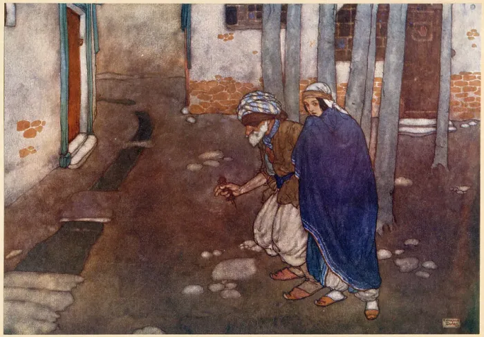 Framed Print : The Arabian Nights, illustration by Edmund Dulac. Ali Baba and the Forty Thieves. This way and that she led him blindfold. Date: 1907 Framed Print : The Arabian Nights, illustration by Edmund Dulac. Ali Baba and the Forty Thieves. This way and that she led him blindfold. Date: 1907