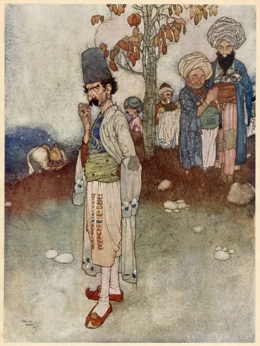 Framed Print : The Arabian Nights, illustration by Edmund Dulac. Ali Baba and the Forty Thieves. Having transformed himself by disguise Date: 1907 Framed Print : The Arabian Nights, illustration by Edmund Dulac. Ali Baba and the Forty Thieves. Having transformed himself by disguise Date: 1907