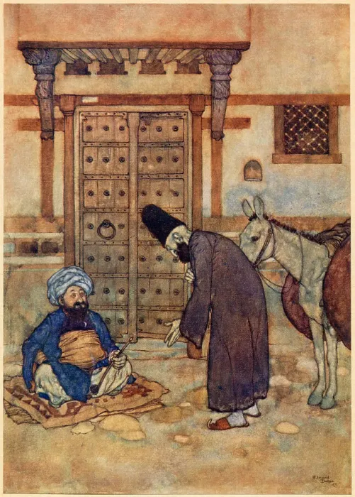 Framed Print : The Arabian Nights, illustration by Edmund Dulac. Ali Baba and the Forty Thieves. Sir, said he, I have brought my oil a great distance to sell tomorrow. Date: 1907 Framed Print : The Arabian Nights, illustration by Edmund Dulac. Ali Baba and the Forty Thieves. Sir, said he, I have brought my oil a great distance to sell tomorrow. Date: 1907