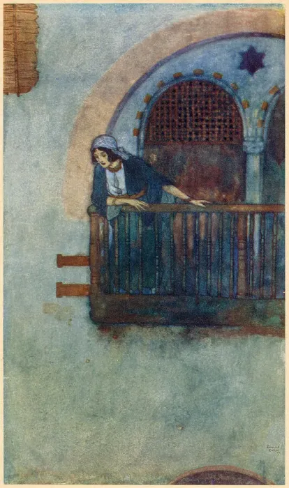 Framed Print : The Arabian Nights, illustration by Edmund Dulac. Ali Baba and the Forty Thieves. When Morgiana, who had remained all this time on the watch... Date: 1907 Framed Print : The Arabian Nights, illustration by Edmund Dulac. Ali Baba and the Forty Thieves. When Morgiana, who had remained all this time on the watch... Date: 1907