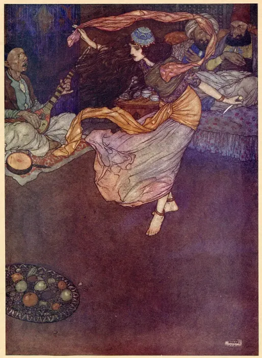 Framed Print : The Arabian Nights, illustration by Edmund Dulac. Ali Baba and the Forty Thieves. Then for the last figure of all she drew out the dagger. Date: 1907 Framed Print : The Arabian Nights, illustration by Edmund Dulac. Ali Baba and the Forty Thieves. Then for the last figure of all she drew out the dagger. Date: 1907