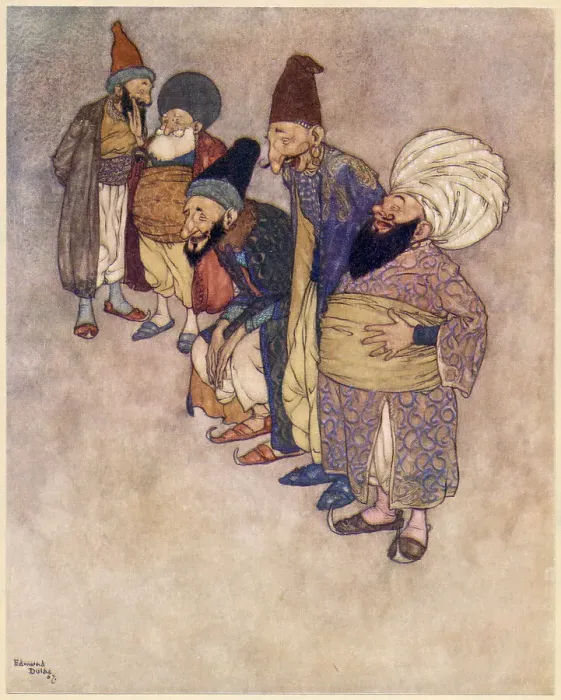 Framed Print : The Arabian Nights, illustration by Edmund Dulac. The Story of the Magic Horse. At so arrogant a claim all the courtiers burst into loud laughter. Date: 1907 Framed Print : The Arabian Nights, illustration by Edmund Dulac. The Story of the Magic Horse. At so arrogant a claim all the courtiers burst into loud laughter. Date: 1907
