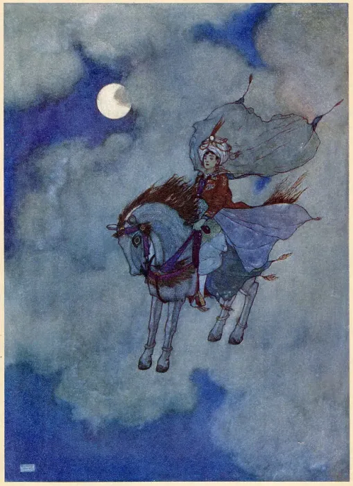 Framed Print : The Arabian Nights, illustration by Edmund Dulac. The Story of the Magic Horse. As he descended, the daylight in which hitherto he had been travelling faded from view. Date: 1907 Framed Print : The Arabian Nights, illustration by Edmund Dulac. The Story of the Magic Horse. As he descended, the daylight in which hitherto he had been travelling faded from view. Date: 1907