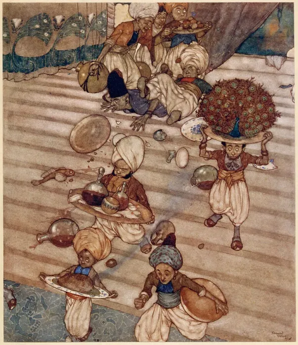 Framed Print : The Arabian Nights, illustration by Edmund Dulac. The Story of the Magic Horse. She gave orders for a rich banquet to be prepared. Date: 1907 Framed Print : The Arabian Nights, illustration by Edmund Dulac. The Story of the Magic Horse. She gave orders for a rich banquet to be prepared. Date: 1907