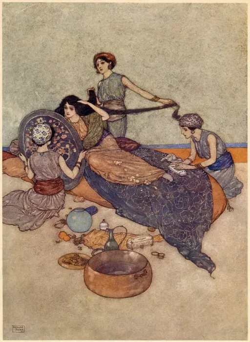 Framed Print : The Arabian Nights, illustration by Edmund Dulac. The Story of the Magic Horse. Till the tale of her mirror contented her Date: 1907 Framed Print : The Arabian Nights, illustration by Edmund Dulac. The Story of the Magic Horse. Till the tale of her mirror contented her Date: 1907