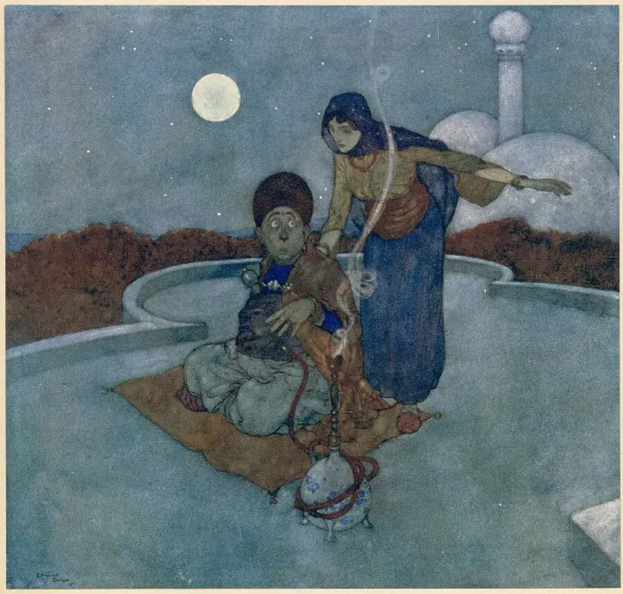 Framed Print : The Arabian Nights, illustration by Edmund Dulac. The Story of the Magic Horse. She cried, O miserable man, what sorry watch is this that thou hast kept Date: 1907 Framed Print : The Arabian Nights, illustration by Edmund Dulac. The Story of the Magic Horse. She cried, O miserable man, what sorry watch is this that thou hast kept Date: 1907
