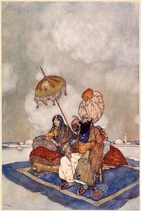 Framed Print : The Arabian Nights, illustration by Edmund Dulac. The Story of the Magic Horse. All this time the Princess had been watching the combat from the roof of the palace. Date: 1907 Framed Print : The Arabian Nights, illustration by Edmund Dulac. The Story of the Magic Horse. All this time the Princess had been watching the combat from the roof of the palace. Date: 1907