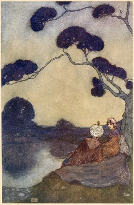 Framed Print : The Arabian Nights, illustration by Edmund Dulac. The Story of the Magic Horse. Sat by the lake and solaced themselves sweetly with love Date: 1907 Framed Print : The Arabian Nights, illustration by Edmund Dulac. The Story of the Magic Horse. Sat by the lake and solaced themselves sweetly with love Date: 1907